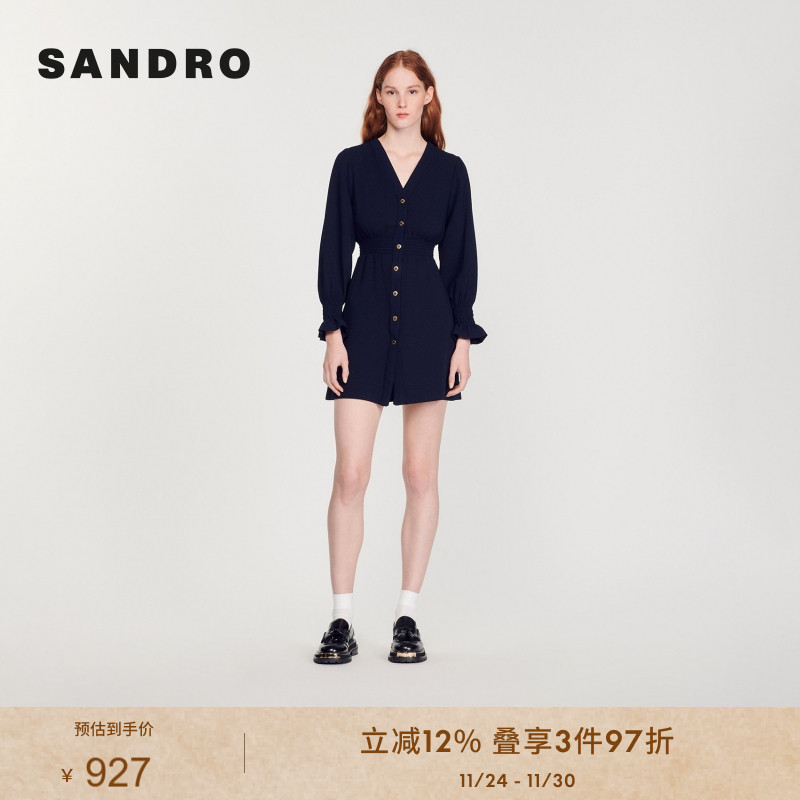 日常通勤单排扣装饰V领连衣裙