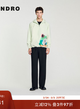 SANDRO Outlets秋冬男装男女同款法式时尚绿色青蛙图案连帽外套