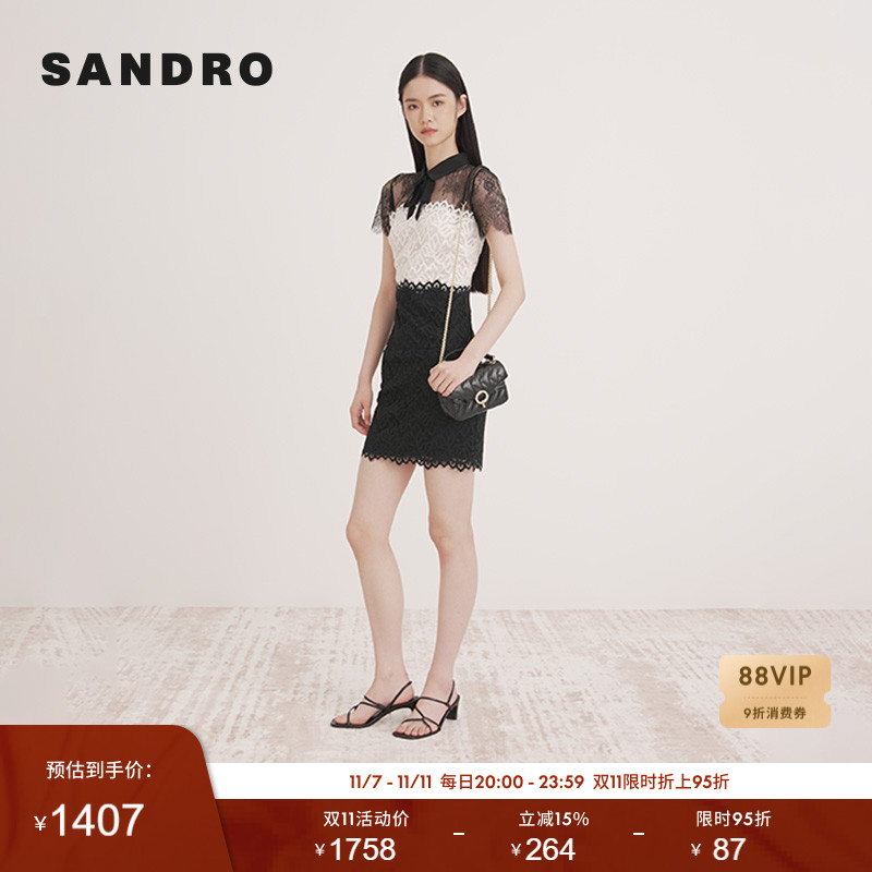 SANDRO Outlets秋冬女装法式修身黑白蕾丝拼接翻领系带短款连衣裙