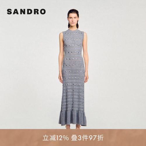 线上专享SANDRO Outlets女装法式钉珠装饰无袖收腰针织连衣裙