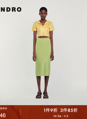 SANDRO Outlets春秋款法式时尚气质亮黄色仿钻短袖翻领针织衫上衣