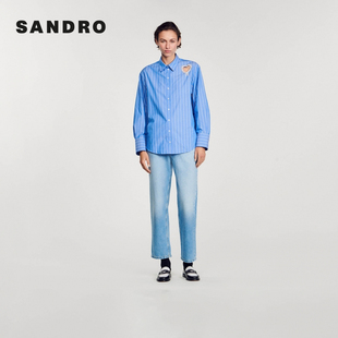 衬衫 SANDRO 棉质蓝色条纹镂空爱心仿钻长袖 法式 Outlets秋冬女装