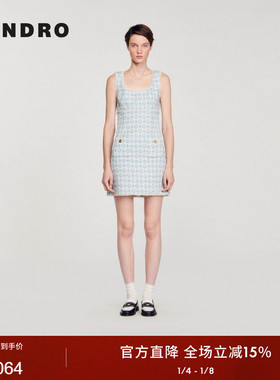 SANDRO Outlets秋季女装法式时尚温柔蓝色花呢背心短款连衣裙