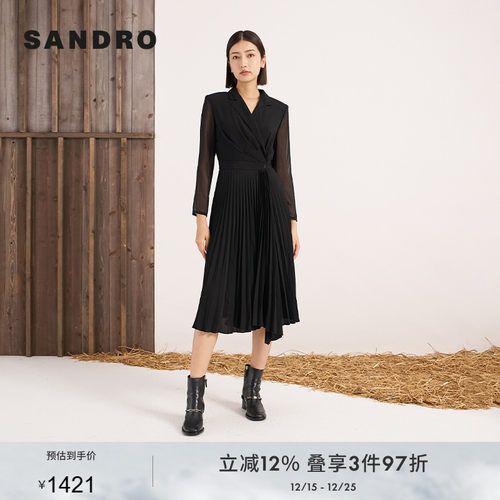 SANDRO Outlets秋冬女装法式时尚优雅气质黑色V领收腰百褶连衣裙