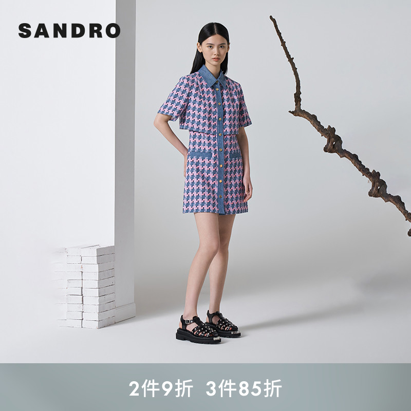 SANDRO Outlets秋冬女装法式时尚气质紫色复古丹宁牛仔拼接连衣裙