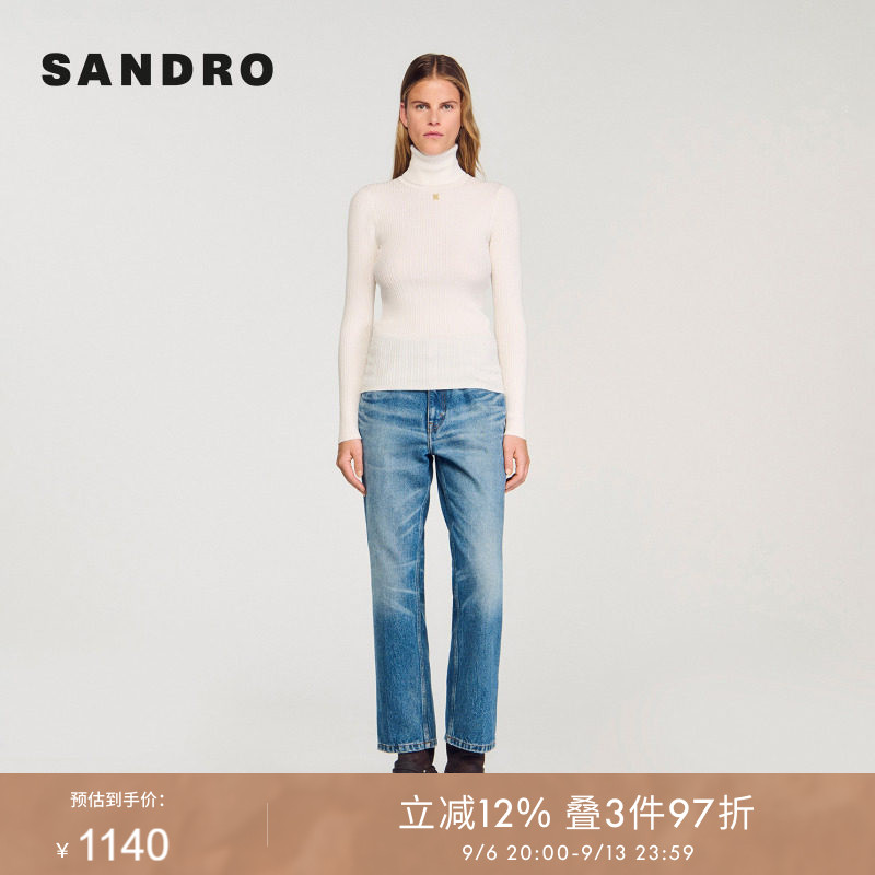 SANDRO Outlets女装法式时尚白色经典绞花高领抬头打底针织衫上衣图片