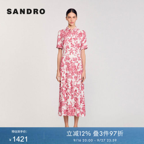 SANDROOutlets夏季女装法式时尚气质优雅白色植物印花短袖连衣裙