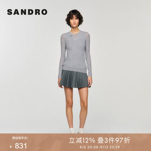 SANDRO Outlets女装法式时尚绵羊毛灰色假两件套头修身套头针织衫