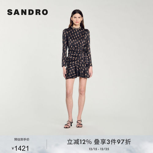 SANDRO Outlets秋冬女装法式优雅波点印花圆领仿钻收腰长袖连衣裙