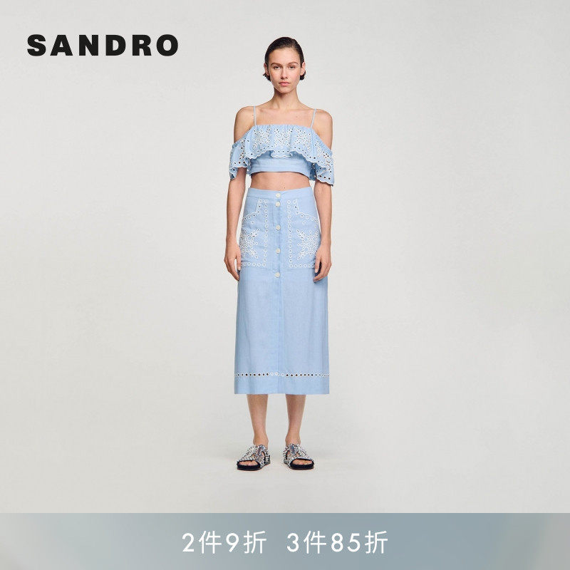 SANDRO Outlets秋季女装法式时尚休闲刺绣高腰直筒长款半身裙