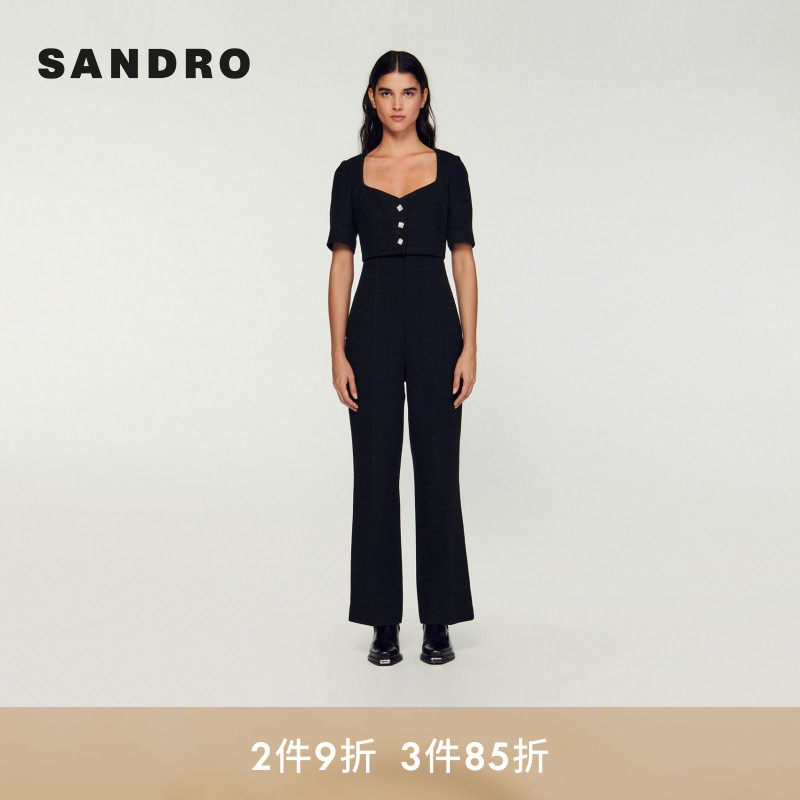 SANDRO Outlets秋冬女装法式时尚优雅黑色方领仿钻假两件连体裤