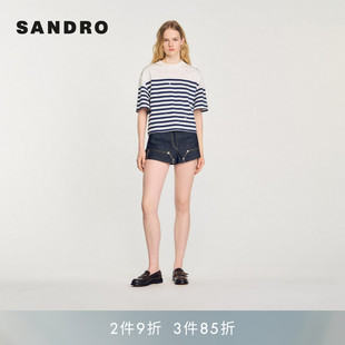 优雅棉质撞色横条纹仿钻短款 SANDRO Outlets秋冬女装 法式 T恤 短袖
