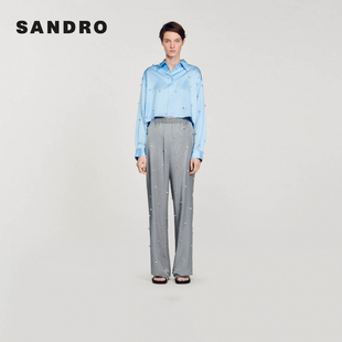 灰色仿钻松紧腰直筒休闲长裤 SANDRO 气质时尚 法式 Outlets秋冬女装