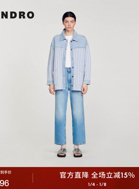 SANDRO Outlets秋冬女装休闲千鸟格纹丹宁蓝色直筒针织拼接外套