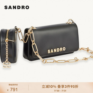 Outlets女士时尚 SANDRO 黑色亮面牛皮革子母包链条包SFASA00960