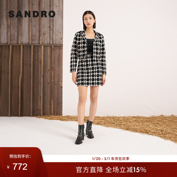 SANDRO Outlets秋冬女装法式经典黑白撞色千鸟格纹西装领短款外套,女装/女士精品,短外套,淘宝优惠券,粉丝福利购,淘宝优惠卷