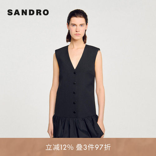 线上专享SANDRO Outlets女装法式时尚竖排扣无袖花苞连衣裙