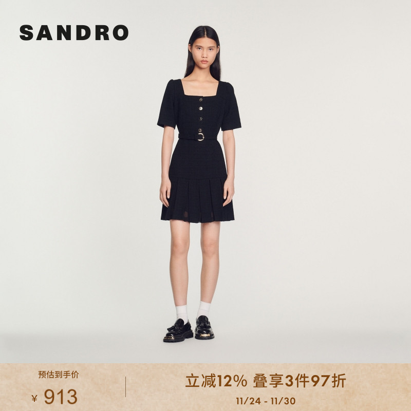 法式复古茶歇收腰百褶黑色花呢连衣裙