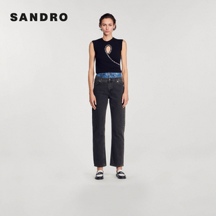 时尚 法式 棉质黑色镂空仿钻针织背心上衣 Outlets秋冬女装 SANDRO