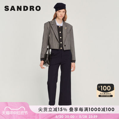 SANDRO Outlet女装法式简约条纹短款羊毛混纺西装外套SFPVE00749