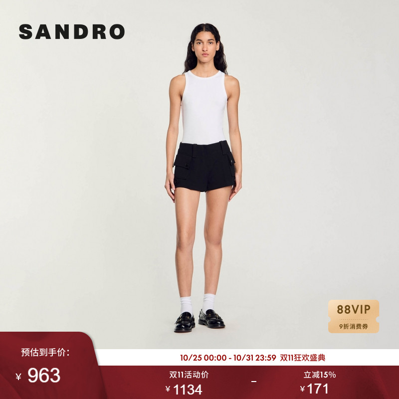 SANDRO Outlets秋冬女装法式时尚休闲双侧贴袋扣饰拉链黑色短裤