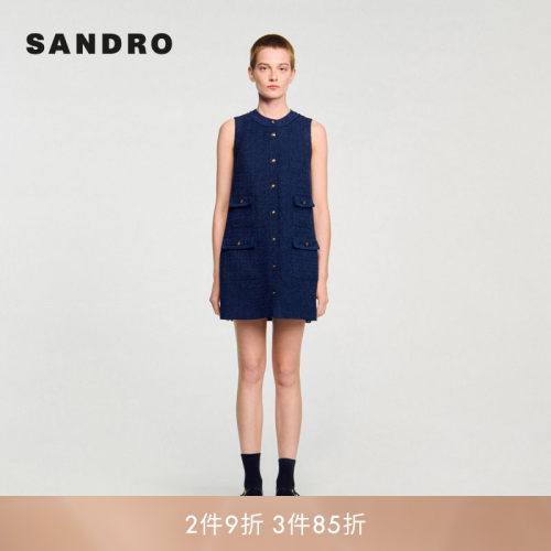 线上专享SANDRO Outlets女装法式时尚深蓝色粗花呢无袖圆领连衣裙