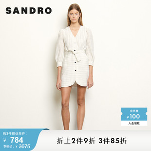 春季 V领条纹腰带时尚 Outlet女装 SANDRO 通勤白色连衣裙SFPRO01135