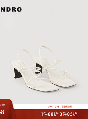 SANDRO Outlets春夏女士法式时尚优雅白色气质细带方形粗中跟凉鞋