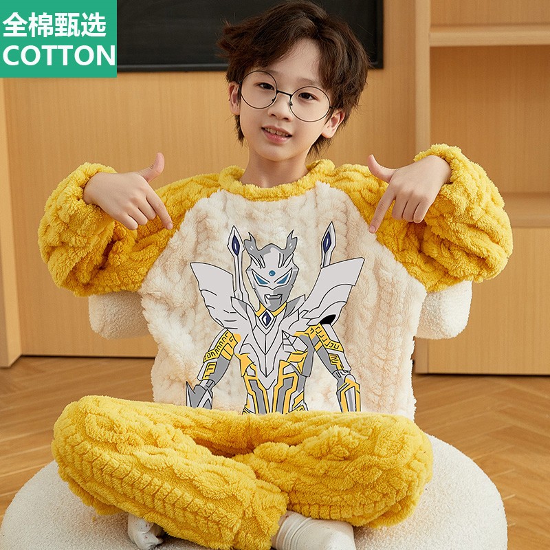 全棉母婴纯棉奥特曼男童睡衣秋冬加厚珊瑚绒新款儿童法兰绒冬季男