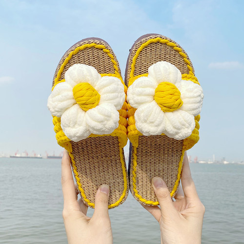 夏日泡芙花朵手工diy编织凉拖鞋