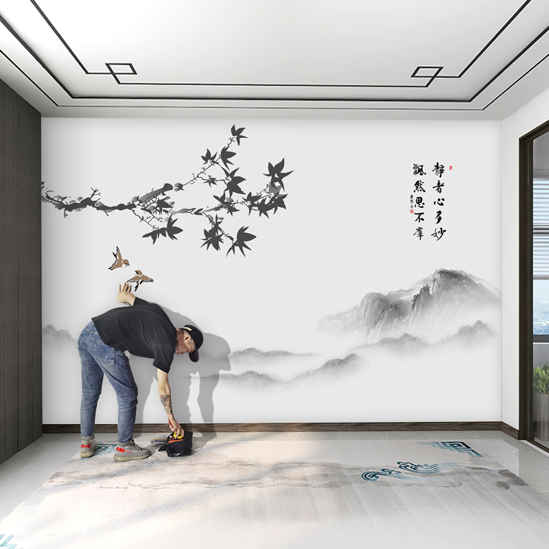中式水墨山水情山川电视背景墙壁纸客厅卧室墙布书房茶室定制壁画