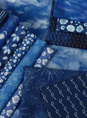 川水品牌 纯棉布料深蓝色系植物花卉晕染线条拼布手工包包服装DIY