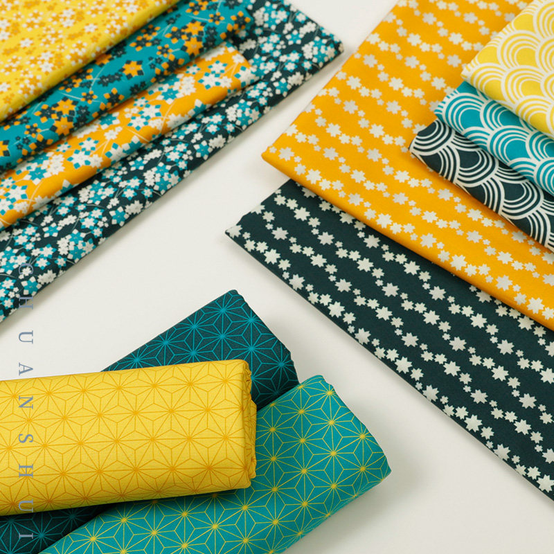 川水品牌 纯棉布料黄绿碎花枝几何鱼鳞纹拼布服装娃衣手工面料DIY