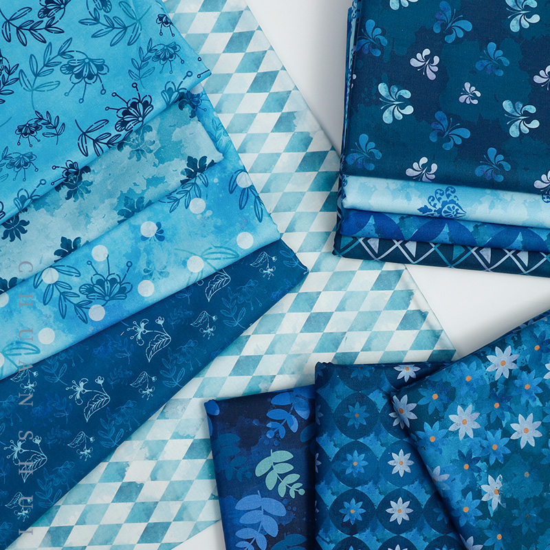 川水品牌 纯棉布料蓝色水彩花卉植物几何晕染布组拼布服装娃衣DIY