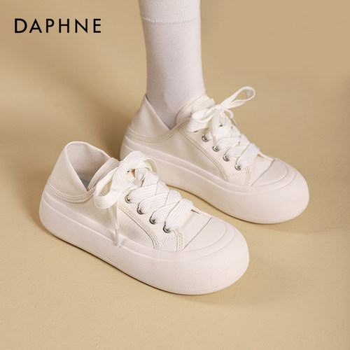 达芙妮厚底丑萌大头白色帆布鞋女