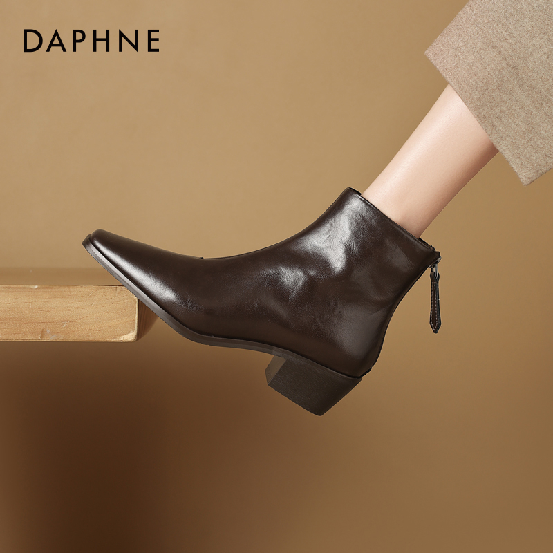 达芙妮短靴子女尖头女士粗跟