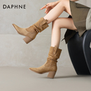 达芙妮尖头短靴女2025新款秋冬季加绒粗跟堆堆瘦瘦靴美拉德高跟鞋