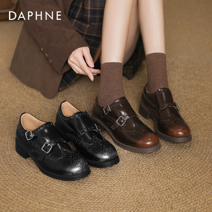 达芙妮复古英伦乐福鞋女2025新款秋冬布洛克扣带粗跟牛津鞋小皮鞋