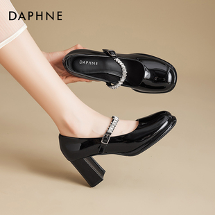 达芙妮粗跟玛丽珍女鞋冬2025新款配裙子黑色高跟鞋皮鞋不累脚单鞋