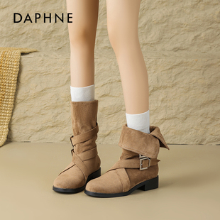 达芙妮美拉德靴子女2025新款 秋冬卡其色短靴两穿复古西部牛仔靴子