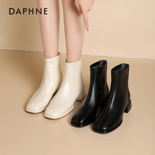 瘦瘦靴子女 白色裸靴法式 达芙妮粗跟短靴女2026新款 春秋马丁靴女款