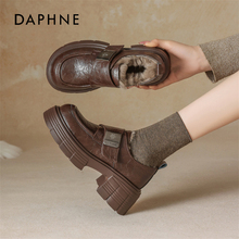 达芙妮加绒乐福鞋女2025新款秋冬保暖棉鞋英伦高跟厚底棕色小皮鞋