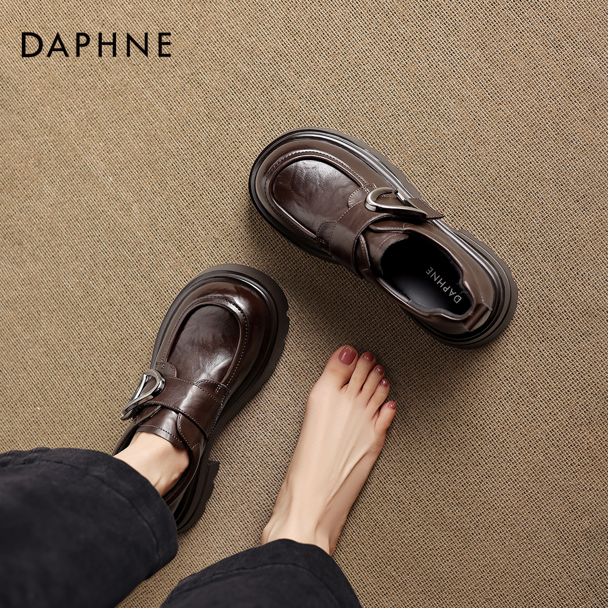 棕色乐福鞋女英伦风厚底粗跟单鞋