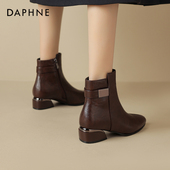 妈妈鞋 达芙妮棕色短靴女2026新款 冬季 切尔西靴尖头粗跟踝靴马丁靴
