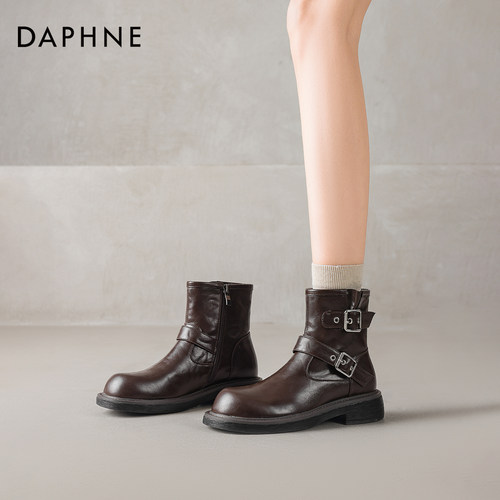 达芙妮棕色厚底马丁靴英伦风短靴