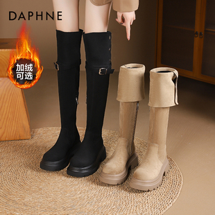 达芙妮过膝靴子女2025新款 加绒厚底两穿长筒靴复古棕色骑士靴 冬季