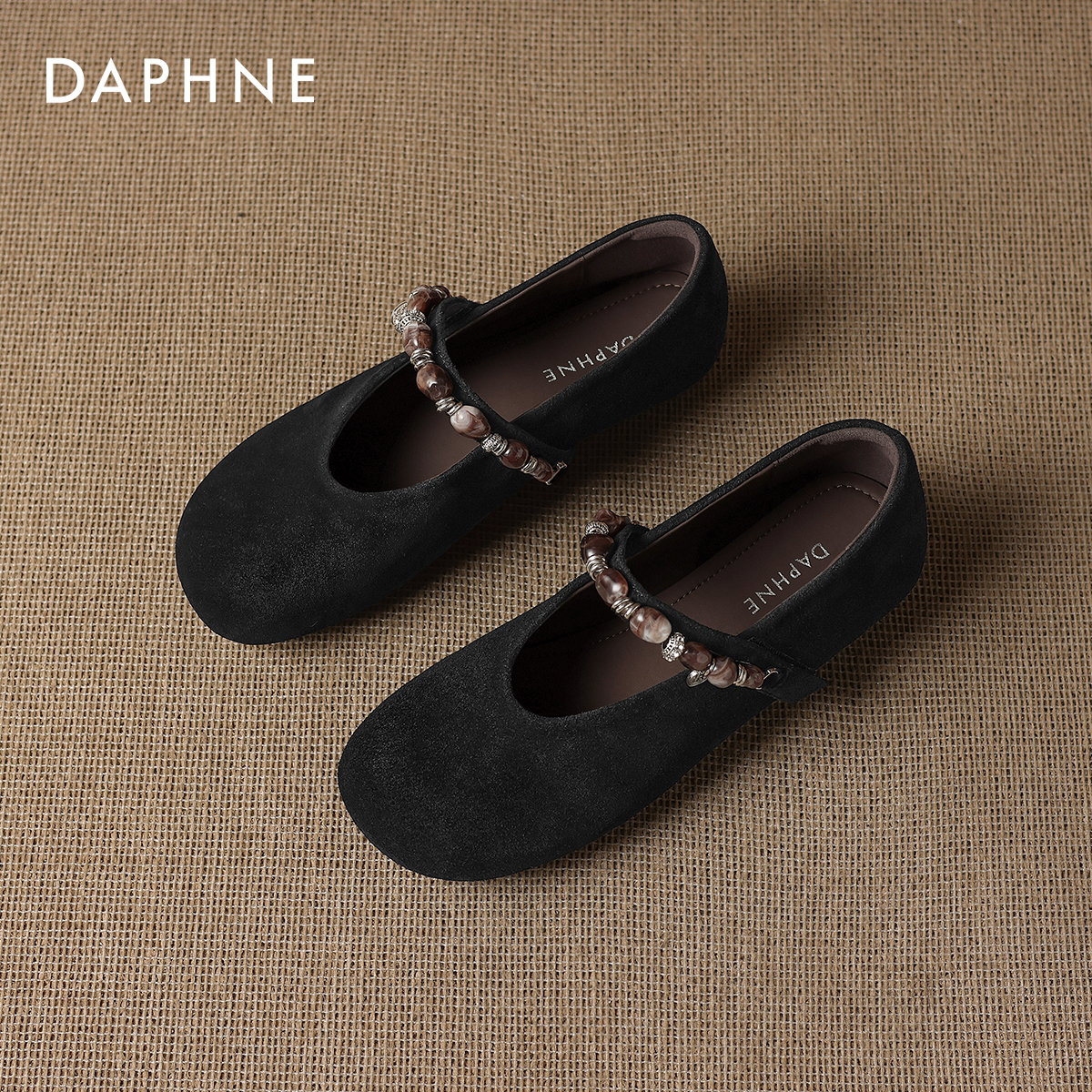 达芙妮黑色单鞋女2025新款平底鞋法式皮鞋女款士绒面玛丽珍女鞋子