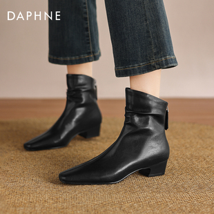 达芙妮方头瘦瘦小短靴2026新款秋冬女士女款皮靴粗跟踝靴妈妈鞋子