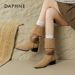 达芙妮西部牛仔靴女2025新款 尖头粗跟靴复古美拉德棕色两穿长靴子