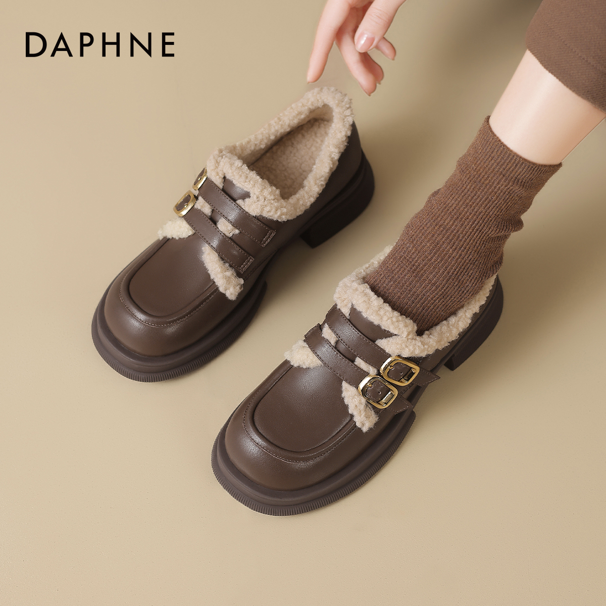 加绒乐福鞋女英伦风厚底皮鞋棉鞋